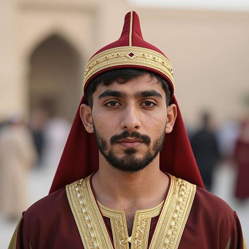 Photograph of a young Middle Eastern man with dark hair and beard, wearing a red and gold traditional crown and robe, standing in a blurred outdoor setting