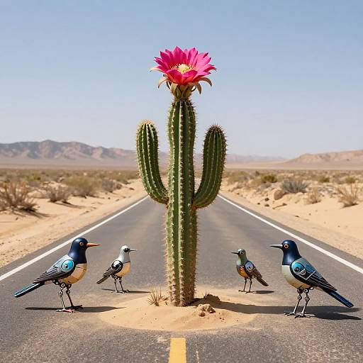 Photograph of four colorful, stylized birds surrounding a tall cactus with a bright pink flower in a desert on a straight road.