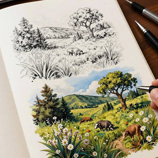 Black and White Sketch to Hyperrealistic Landscape