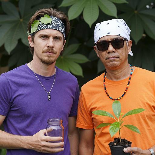 Men Outdoors with Glass Jar and Plant