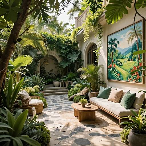 Photorealistic CGI of a lush, tropical courtyard with wicker furniture, green cushions, a wooden coffee table, and vibrant tropical mural.