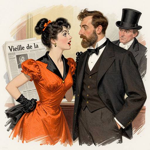 Illustration of a 19th-century scene: a shocked woman in an orange dress and black gloves, facing a bearded man in a black t