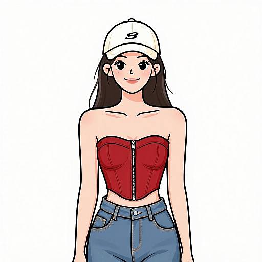 Digital illustration of a smiling woman with long black hair, wearing a white cap, red strapless corset, and blue jeans, against a white background