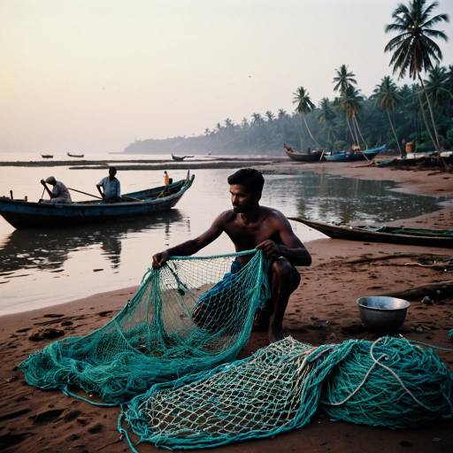 Fisherman Repairing Net in Goan Village
