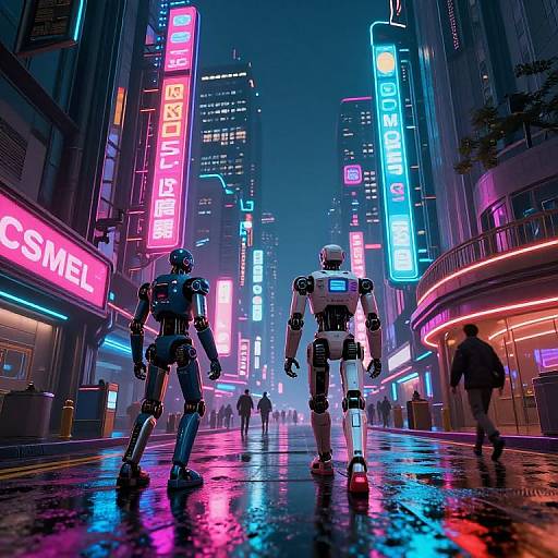 Neon-lit cyberpunk street scene: two humanoid robots stand on a wet, reflective road, surrounded by vibrant neon signs, towering skyscrapers