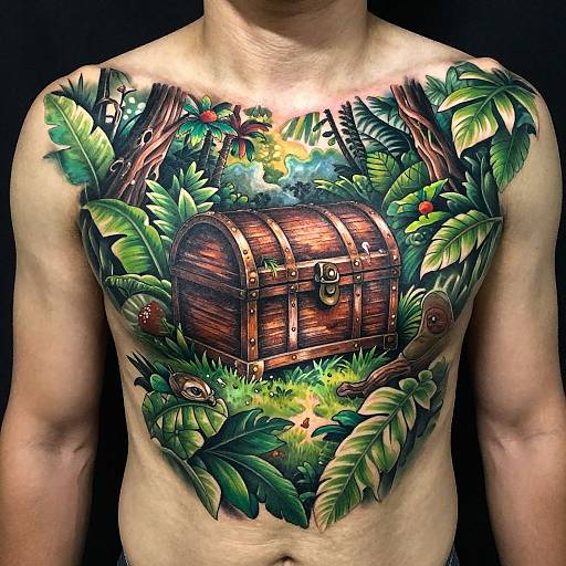 Tattoo of a wooden treasure chest surrounded by vibrant jungle foliage on a shirtless man's chest, featuring detailed colors and shading.