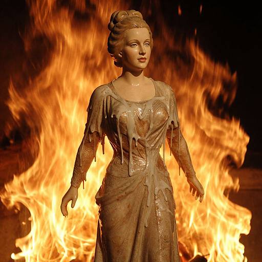 Photograph of a wax statue of a woman in a tattered dress, standing in front of bright, intense flames at night.