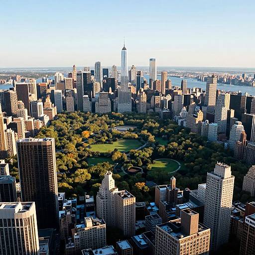 Aerial photograph of Manhattan's dense skyscrapers, with Central Park's green expanse at the center, under a clear blue sky.