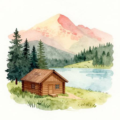 Watercolor painting of a rustic wooden cabin by a lake, surrounded by pine trees, with a mountain and pink sky in the background.