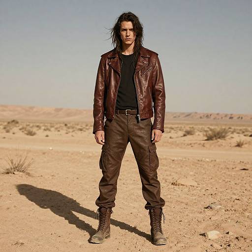 Photograph of a dark-haired man in a brown leather jacket, black shirt, brown cargo pants, and boots standing in a desert.