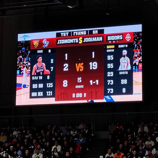 Photograph of a basketball scoreboard showing a live game between the Timberwolves and Jazzman, with bright digital display and audience in darkened arena.