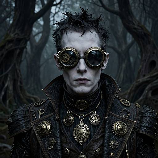 Steampunk male with pale blue face, spiky black hair, round brass goggles, dark leather jacket adorned with gears, in foggy forest.