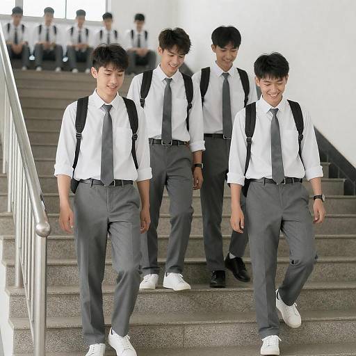 Four Young Asian Students on Staircase