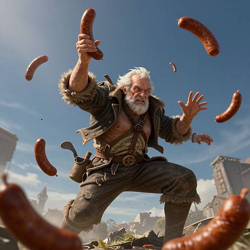 Angry Old Man Throwing Sausages