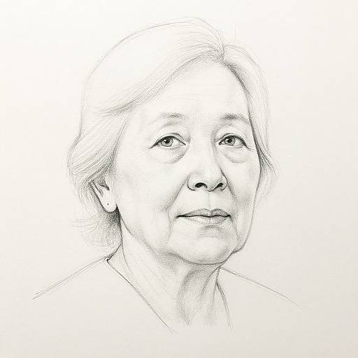 Black and white pencil sketch of an elderly woman with short, wavy hair, gentle expression, and subtle smile, looking slightly to the right.