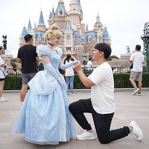 Photograph of a blonde woman in a light blue princess dress and white gloves, smiling as a kneeling man in a white shirt and black pants proposes in
