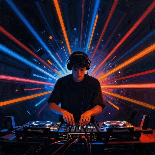 Photograph of a male DJ with headphones, standing in front of a vibrant, colorful light beam backdrop, mixing music on two turntables.