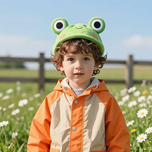 Curious Boy in Frog Hat Meadow
