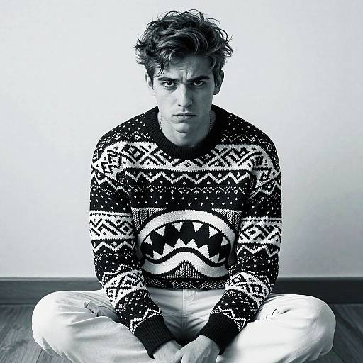Young Man in Patterned Sweater Sitting on Floor