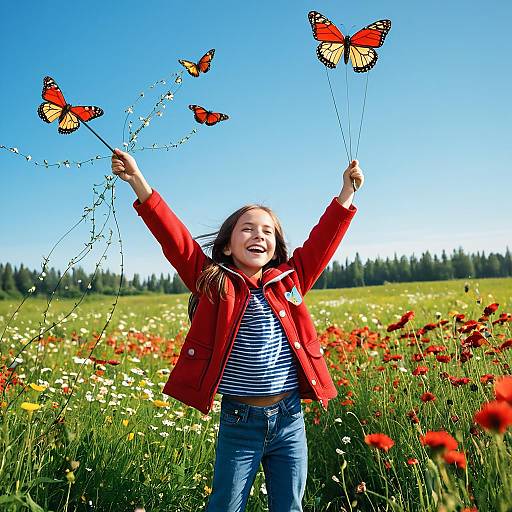 Joyful Girl Playing with Butterfly Nets in Meadow