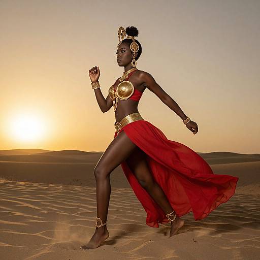 Photograph of a dark-skinned, muscular woman with an afro, wearing gold jewelry and a red skirt, dancing in a desert at sunset.
