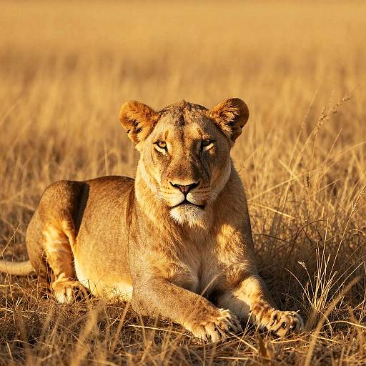 Photograph of a golden lioness lying in sunlit, dry grassy savanna, gazing intently forward with a calm, alert expression.