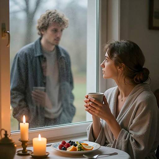 Woman Sitting by Window with Man Outside