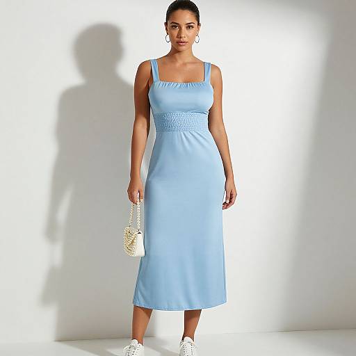 Photograph of a woman in a light blue, sleeveless, knee-length dress with a waistband, holding a white, chain-linked purse, standing