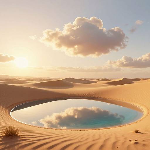 Photograph of a serene desert landscape with a circular oasis reflecting a fluffy cloud-filled sky, golden sun, and rippled sand dunes.