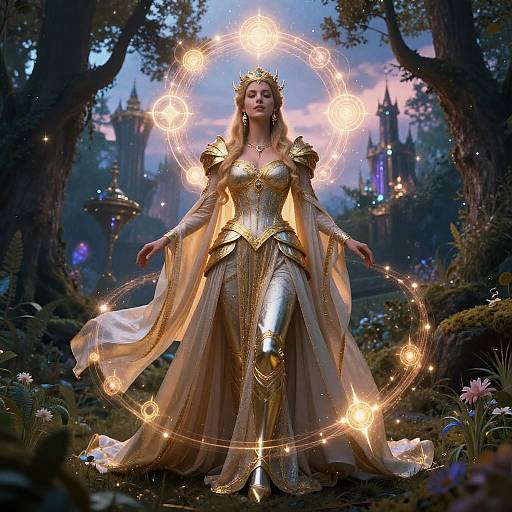 Digital fantasy artwork of a regal woman in golden armor and flowing white gown, crowned, surrounded by glowing magical circles, in a lush, enchanted forest