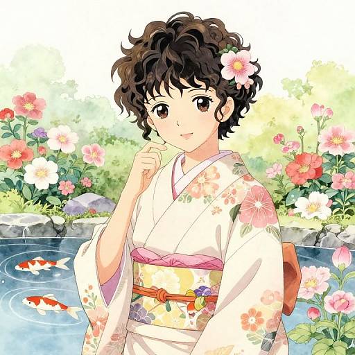 Digital anime-style drawing of a cute, short-haired woman in a floral kimono, standing by a pond with koi fish and colorful flowers.
