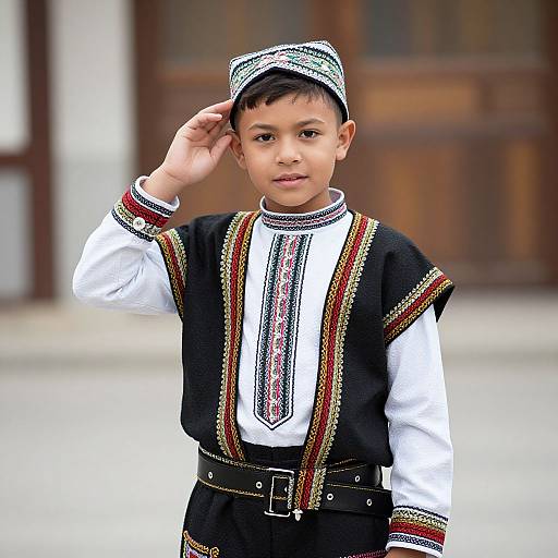 Photograph of a young Asian boy in traditional ethnic attire, saluting with his right hand. He wears a black vest, white shirt, ornate