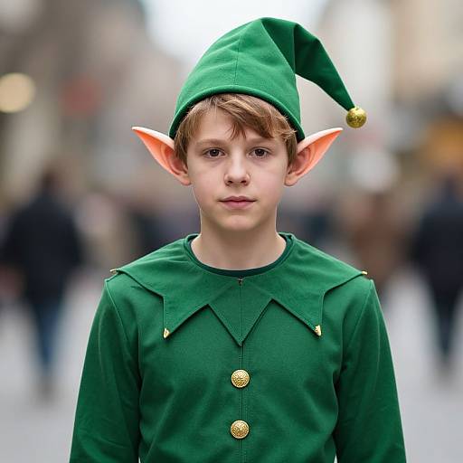 Photograph of a young boy with fair skin, brown hair, wearing a green elf costume with pointed ears and gold buttons, standing in a blurred urban
