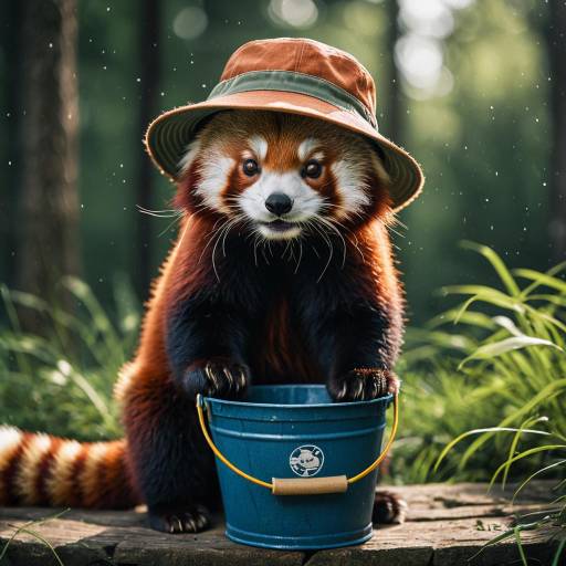 Red Panda Wearing Bucket Hat with Blue Bucket