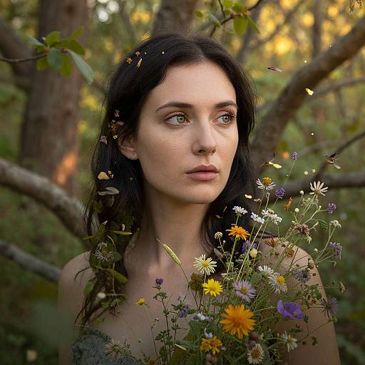 Photograph of a fair-skinned, dark-haired woman with green eyes, surrounded by wildflowers in a sunlit forest, looking thoughtfully to the