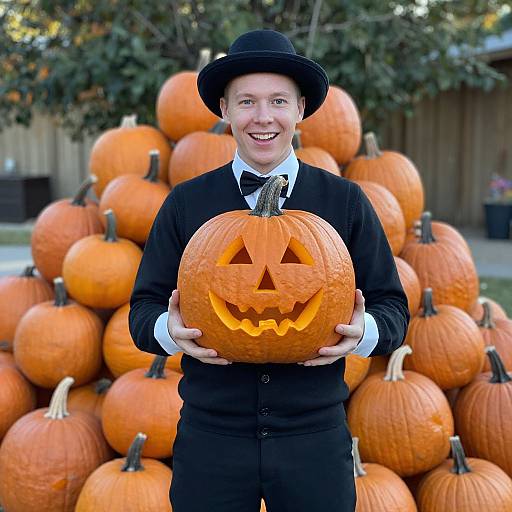 Man in Pumpkin Costume Holding Pumpkin
