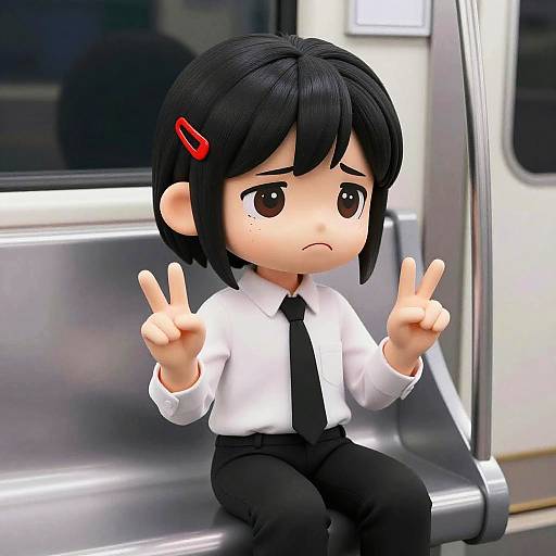 Digital anime-style doll with short black hair, red hairclip, white shirt, black tie, and pants, sitting on a subway seat, making a