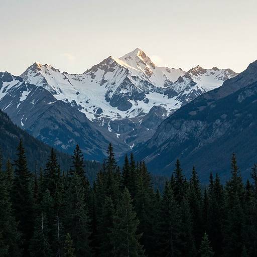 Photograph of snow-capped mountain peak with sunlight reflecting off the summit, dark evergreen forest in the foreground, clear sky above.