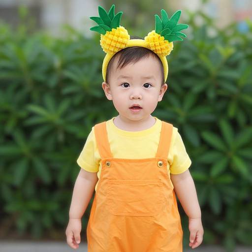 Child in Pineapple Outfit with Plant