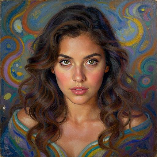 Digital painting of a young woman with long, wavy brown hair, green eyes, and pink lips, set against a colorful, abstract swirl background.