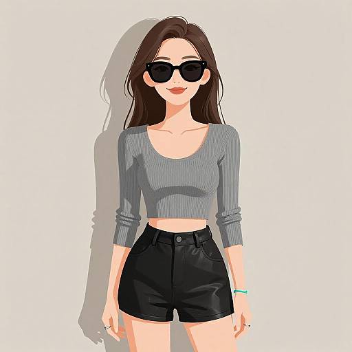 Digital illustration of a fair-skinned woman with long brown hair, wearing black sunglasses, gray ribbed crop top, and black high-waisted shorts
