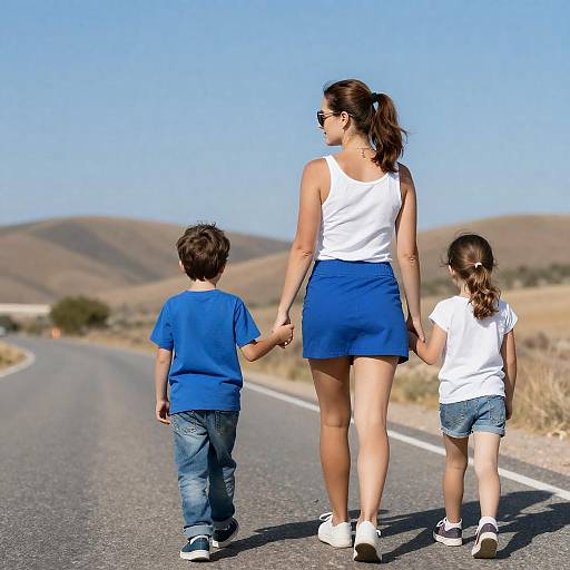 Mother Walking with Kids on Road