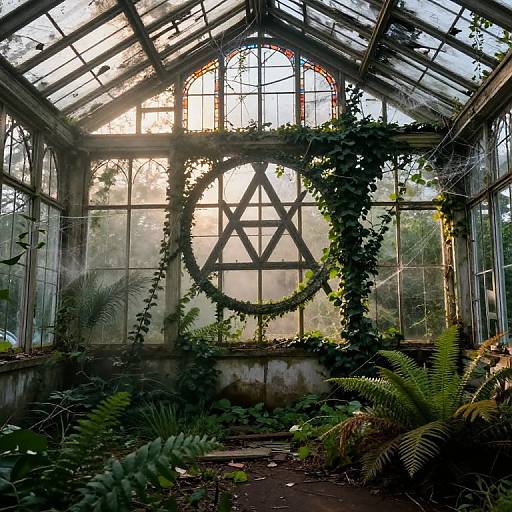 Photograph of an abandoned greenhouse with sunlight streaming through, featuring a Star of David wreath adorned with ivy, surrounded by ferns and vines.