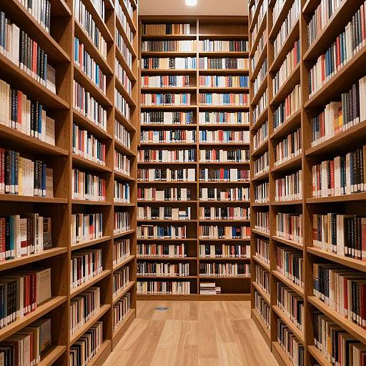 Photograph of a spacious library aisle with tall wooden bookshelves filled with colorful books, creating a symmetrical, inviting, and orderly view.