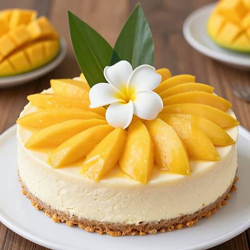Photograph of a mango cream cake topped with sliced mango, a white frangipani flower, and green leaves, on a white plate.