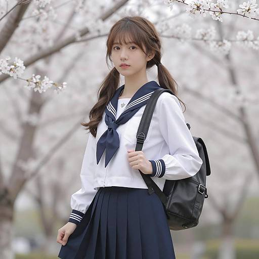 Asian Student in Sailor Uniform with Cherry Blossoms
