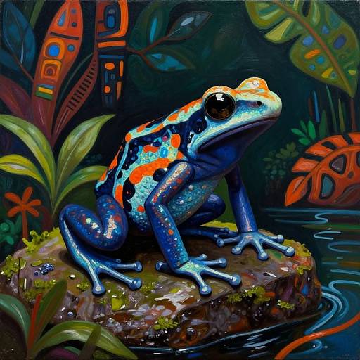 Vibrant digital painting of a blue and orange frog with large black eyes, sitting on a mossy rock in a colorful, lush jungle with abstract