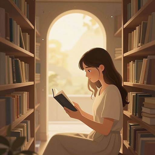Digital anime-style illustration of a young woman with long brown hair, wearing a white top and beige skirt, reading a book in a sunlit library aisle