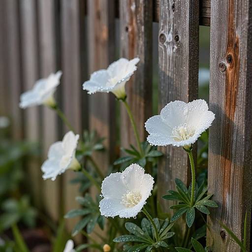 Photograph of dewy white anemone flowers beside a weathered wooden fence, with green leaves and blurred background, creating a serene garden scene.