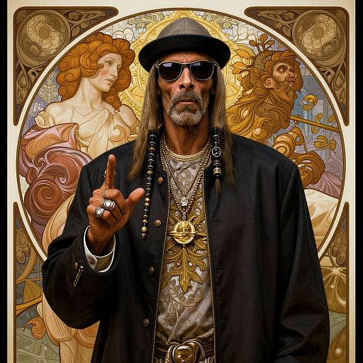 Photograph of an older man with long hair, beard, black hat, sunglasses, and multiple gold necklaces, pointing a finger forward, against an